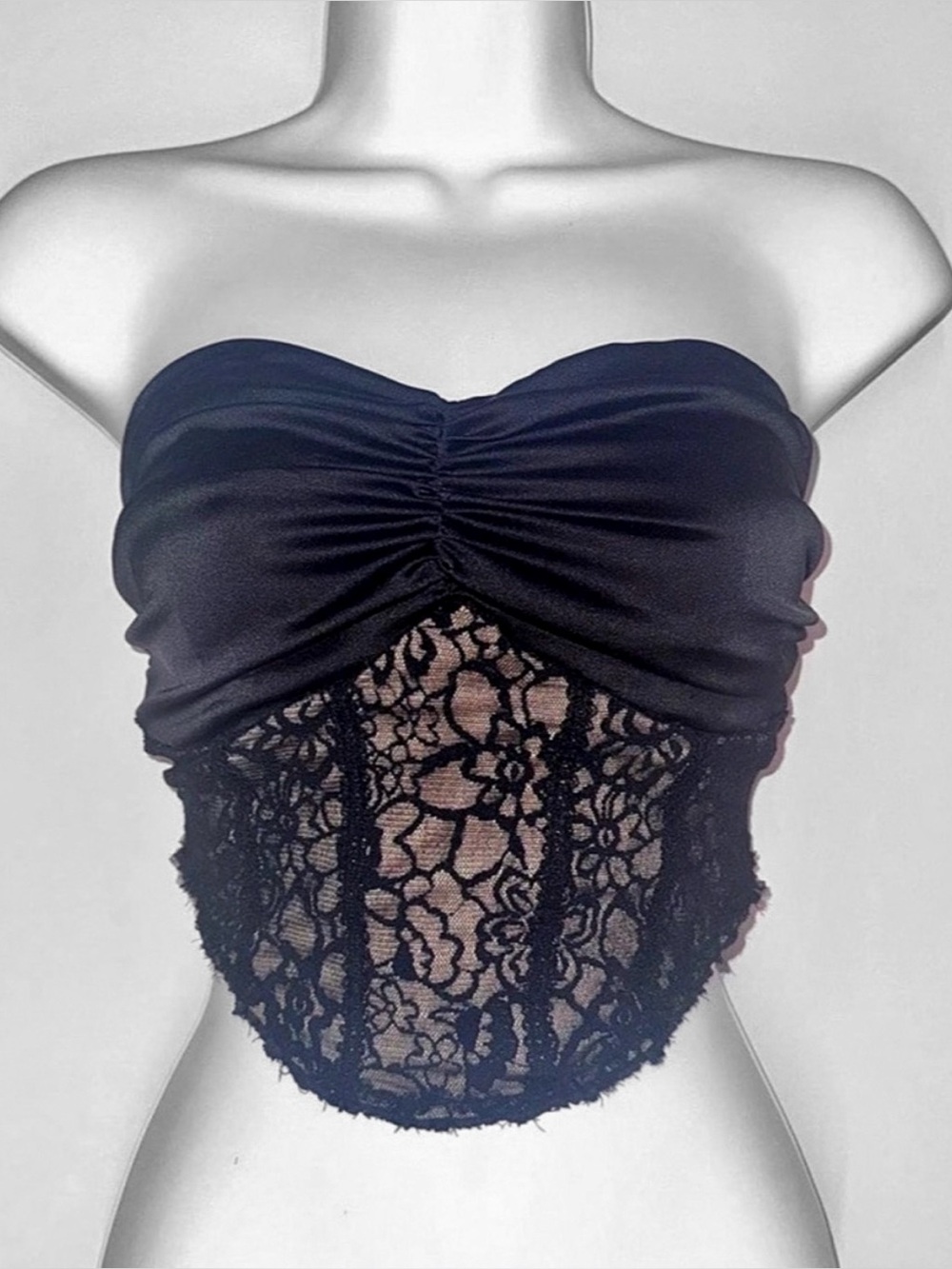 SHEIN Black Lace Ruched Satin Corset Crop Top